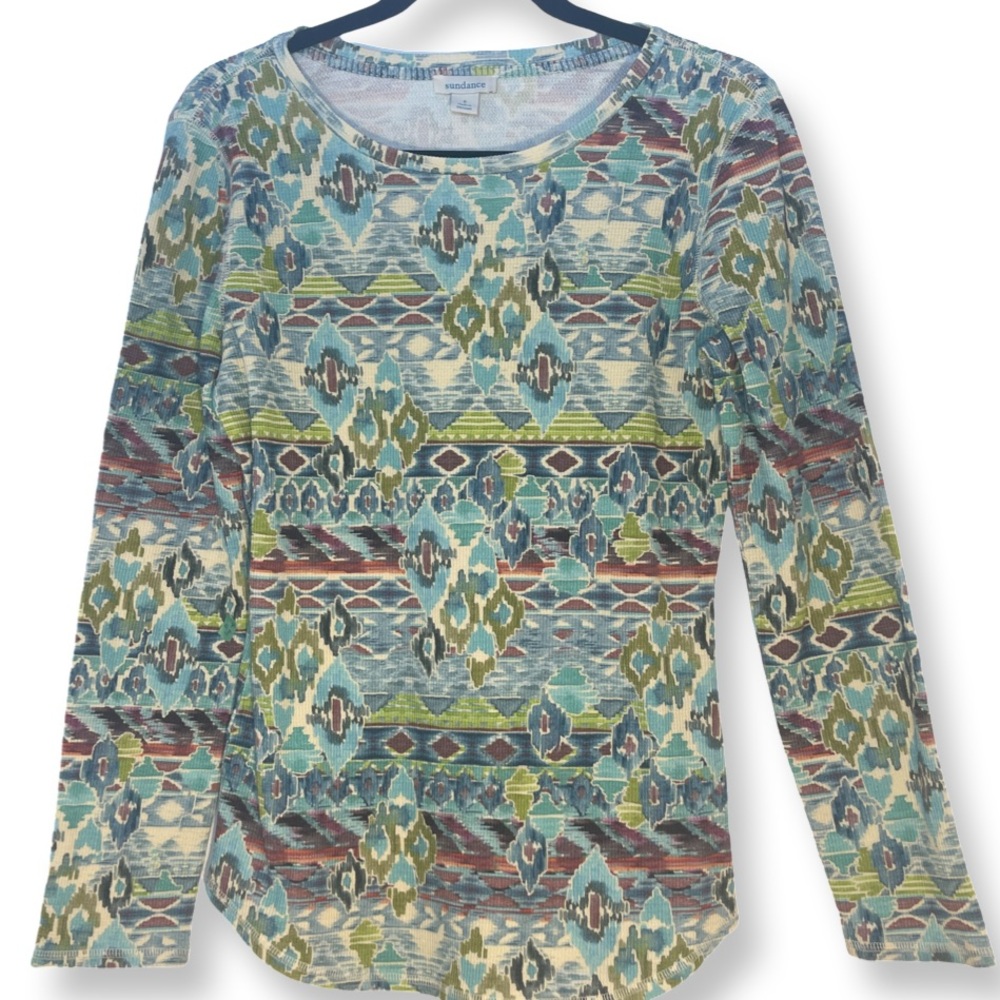 Sundance Imagination Thermal Tee Multicolor Waffle Knit Ikat Boho Top small